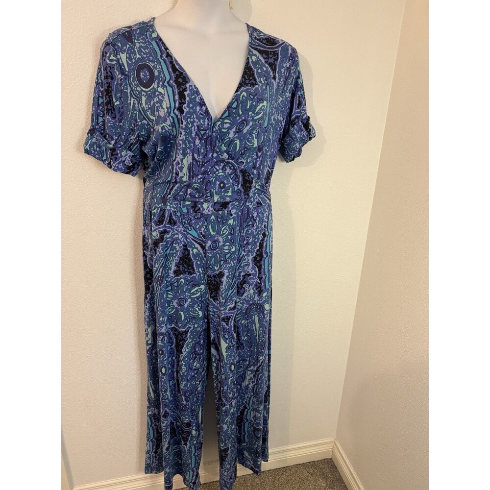 Tori Richard Women Hawaiian Tiki Palazzo Jumpsuit Xl Wide Leg Vintage Blue Knit